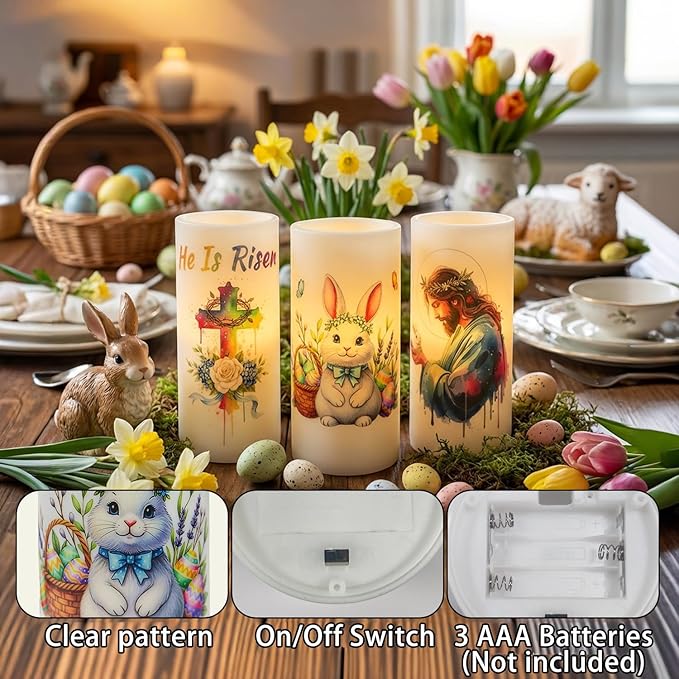 3PCS Nativity Easter Flameless Candles with Remote Control,Christian Cross Bunny LED Candles for Spring Easter Home Decor