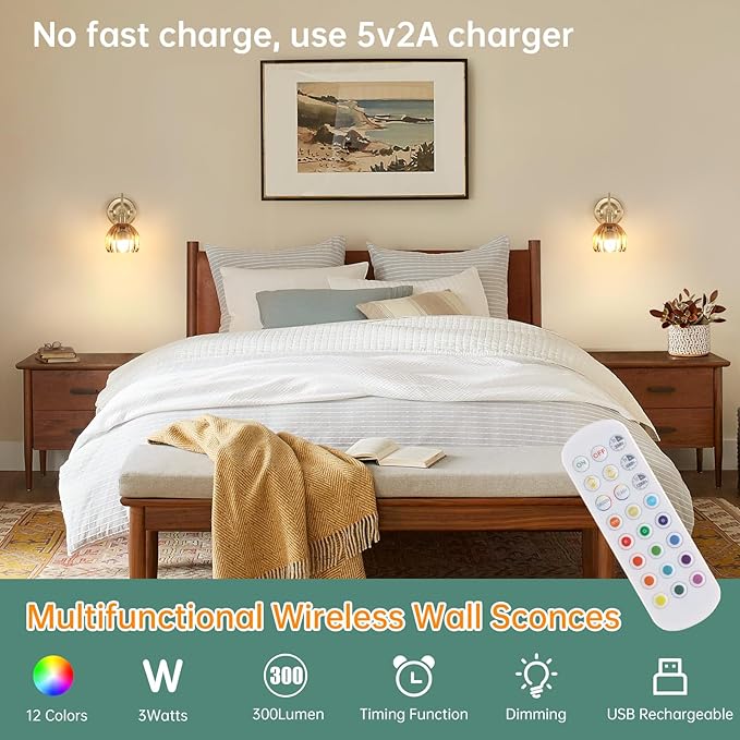 Vintage Battery Operated Wall Sconce, 5000mAh Rechargeable Wall Light, Indoor Battery Powered Wall Lamp for Bedside Bedroom Living Room, Tulip Amber