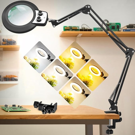 12X Magnifying Glass with Light, Ultra Long 3 Section Swing Arm LED Desk Lamp with Large Clamp, 3 Color and Brightness Hands Free Magnifier Light and Stand for Workbench Crafts Reading Sewing
