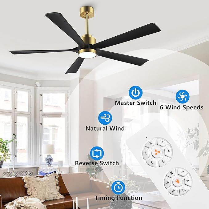 ELEHINSER 60" Modern Ceiling Fan with Light and Remote Control, 5 Solid Wood Blades 6-Speed Noiseless Reversible DC Motor, Ceiling Fan for Bedroom Dinning Living Room, Gold Finish with Black Blades