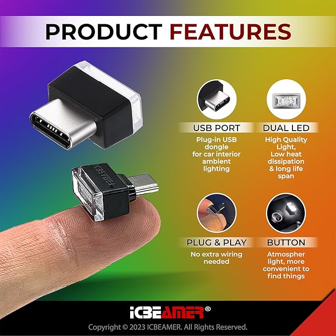 ICBEAMER Type C Adapters Atmosphere Light, [Color: White] | Universal Plug-in Miniature Night Light | LED USB Car Interior and Trunk Ambient Illumination