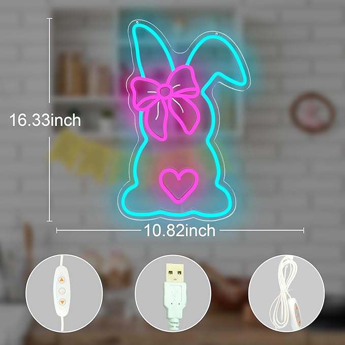 Easter Neon Sign Bow Neon Lights for Wall Bunny LED Sign Cute Rabbit Neon Light Sign for Bedroom Living Room Happy Easter Decorations Light Sign Neon Wall Art for Home Office