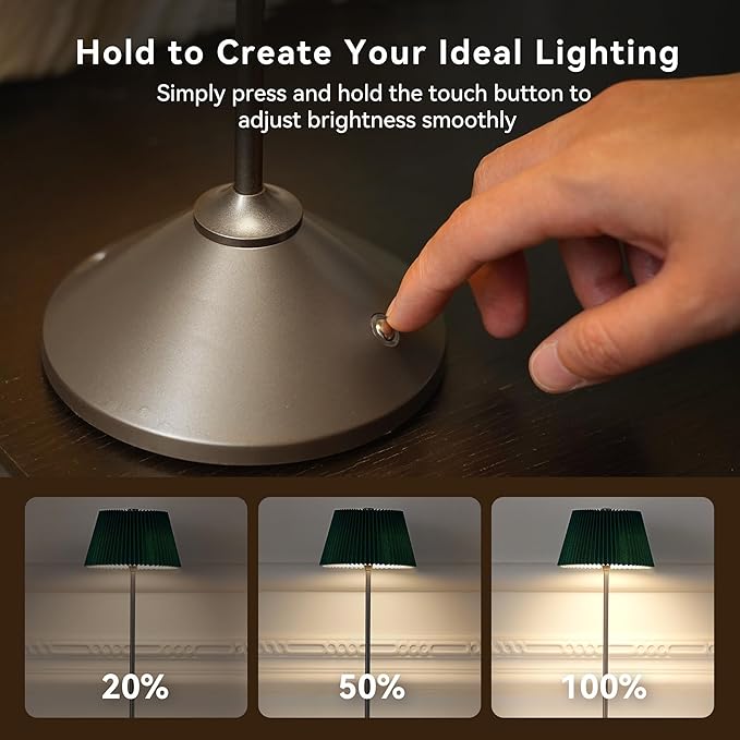 Cordless Rechargeable Table Lamp – 3 Adjustable Color Temperatures, Lightweight & Portable, Matte Metallic Finish, Waterproof, Battery Operated for Indoor& Outdoor Use (Green&Grey)