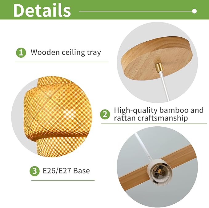 15.7inch Bamboo Pendant Light, Boho Chandelier Hand-Woven Wicker Rattan Hanging Ceiling Lighting, Rustic Farmhouse Pendant Lamp for Kitchen Island, Dining Room, Bedroom, Living Room, Foyer