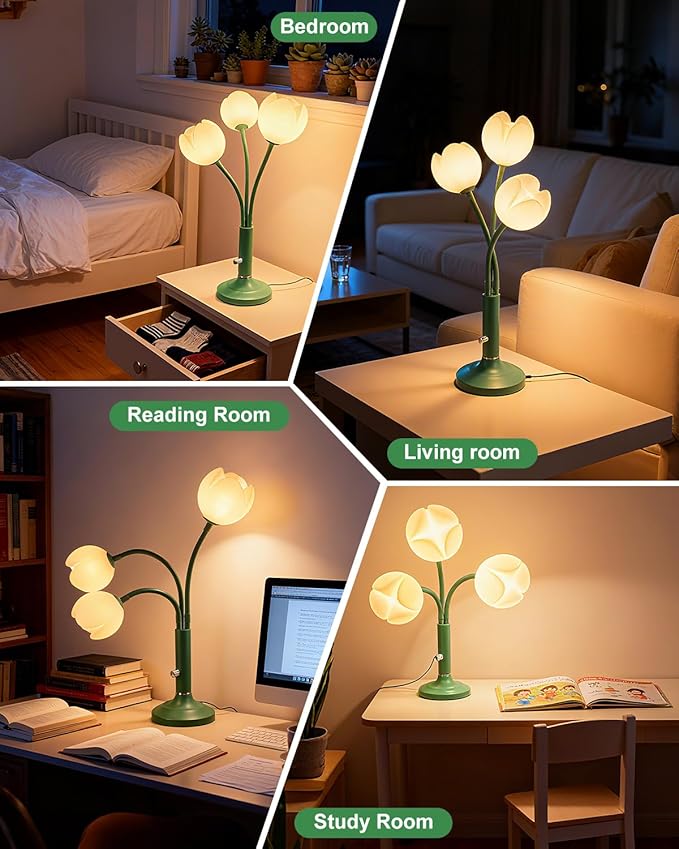 Lightdot Vintage Flower Table Lamp Set of 2, Green Small Cute Bedside Lamp with Adjustable Gooseneck& Bulbs, 3000K Warm Light Dimmable Desk Lamps Nightstand Light for Bedroom Living Room