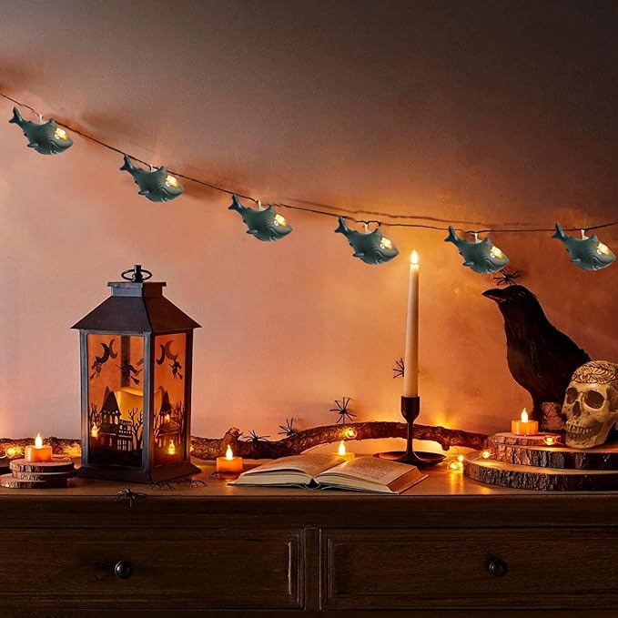 5.4 FT Black Shark String Lights, 10 LED Warm White Black Theme Halloween Night Light, Battery Operated for Home Party Decoration