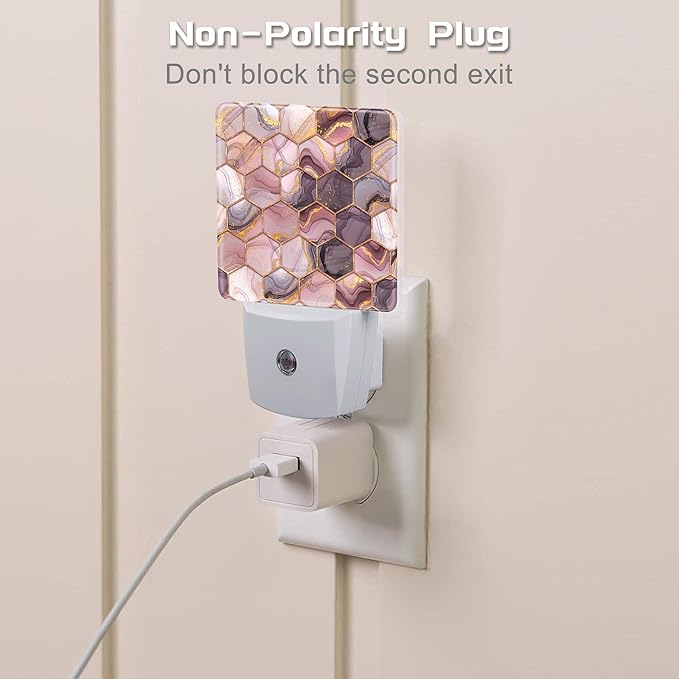 Pink Golden Ink Hexagon Night Light, Abstract Fluid Marble Dusk to Dawn Night Light Plug in,0.5w Energy Saving Sleep Friendly NightLight for Kids Boys Girls Home Decor