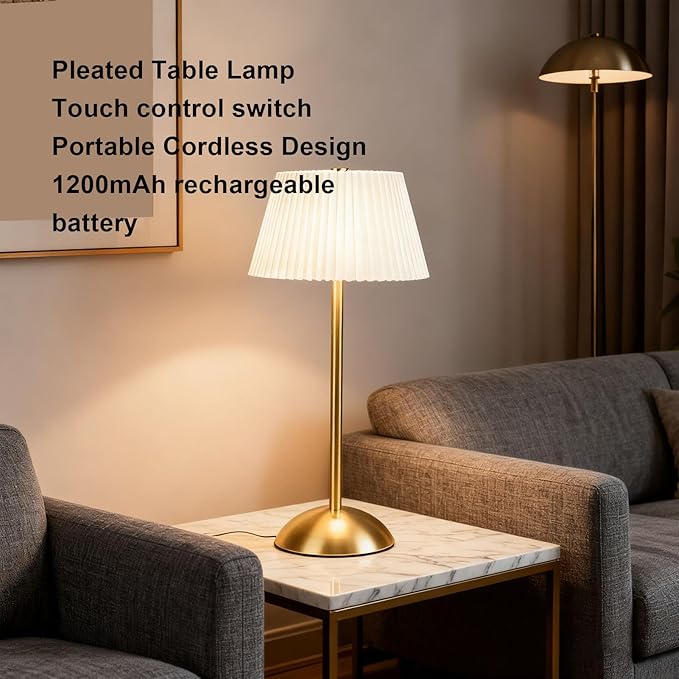 Hyuduo Pleated Table Lamp, Cordless Touch Control with 1200mAh Rechargeable Battery, Portable Nightstand Lamp for Bedroom Living Room Home Office (Beige)