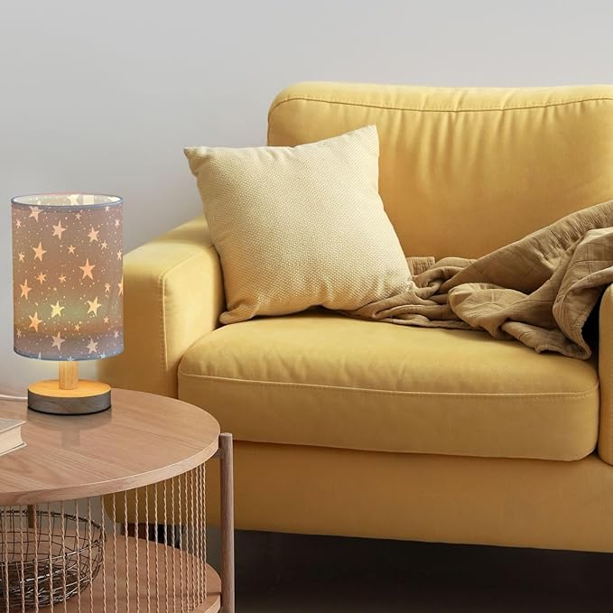 Hand Draw Stars on Grey Background Bedside Table Lamps with USB Port for Bedroom Lamp Small Nightstand Lamp Sturdy Linen Shade Wooden Base Decorative Lamps for Kids Reading Dorm Home