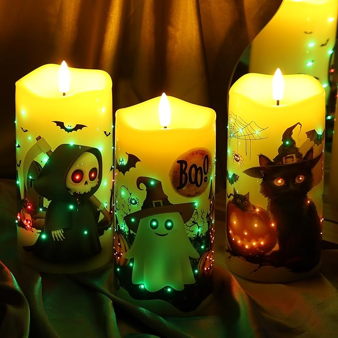 Eywamage Fiber Optic Halloween Flameless Candles with Remote, Flickering Battery Operated LED Pillar Candles Set of 3