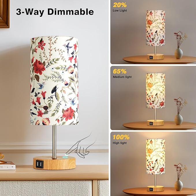 Bedside Touch Lamp with Flower Fabric Shade, 3 Way Dimmable Wood Bedroom Lamp for Nightstand with 2 USB Charging Ports, Small Table Lamp for Living Room Reading Desk (LED Bulb Included)