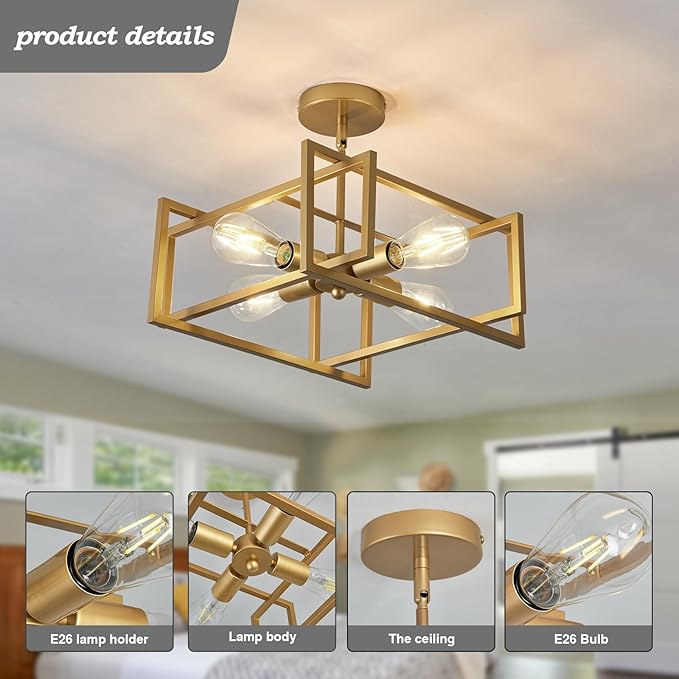 ZGLAOJT 4-Lights Ceiling Light Gold Light Fixture Industrial Flush Mount Ceiling Light Farmhouse Chandelier Lighting for Kitchen Island Dining Room Bedroom Foyer Hallway