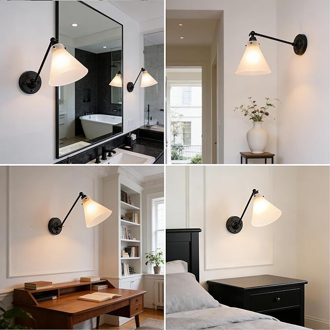 Industrial Vintage Slope Pole Wall Mount Single Sconce with Funnel Flared Clear Glass Shade, Swing Arm Wall Sconce Light Lamp Fixture Hardwired
