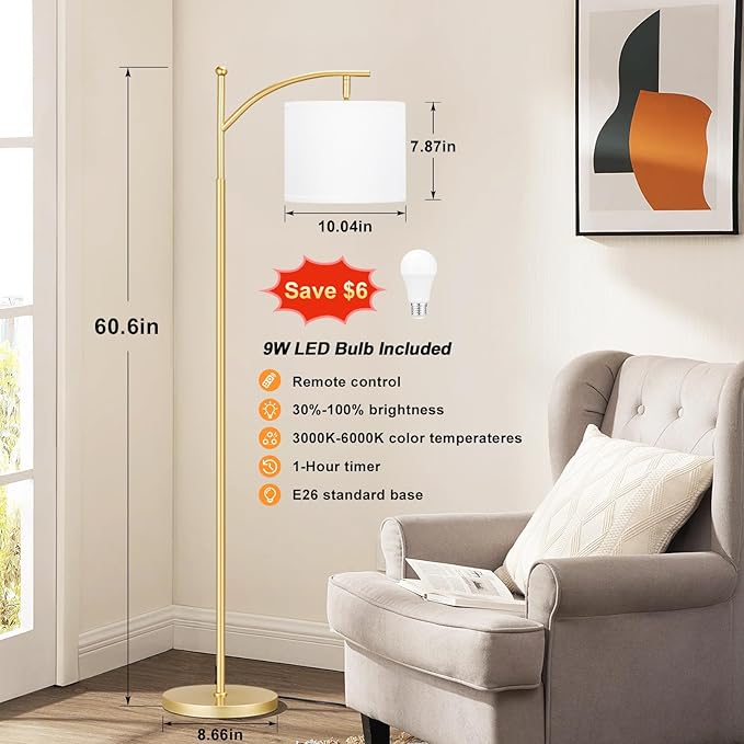 Ambimall 60" Floor Lamps with Remote Control & Bulb, Colors Temperature & Brightness Adjustable, White Shade & Gold Pole