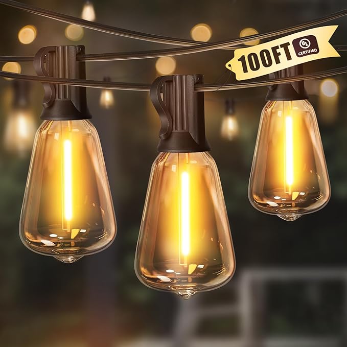 LAMPHOME LED Outdoor String Lights 100FT Patio Lights with 52 Shatterproof ST38 Vintage Edison Bulbs, Outside Hanging Light Waterproof for Porch, Deck, Garden, Backyard, Dimmable 2700K