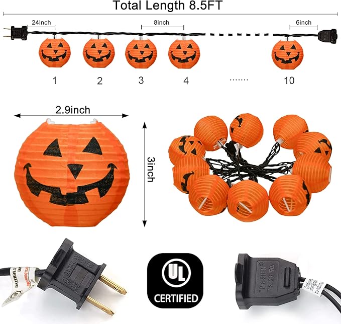 8.5FT Halloween Jack-O'-Lantern String Lights with 10 Orange Pumpkin Bulbs, Black Wire Hanging Lights for Outdoor and Indoor Halloween Party Decor