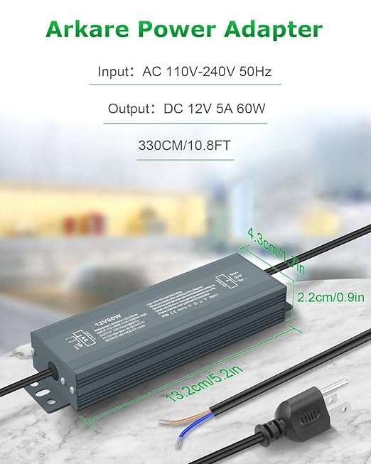 12V LED Driver 60W 10.8FT 12V LED Power Supply 5A 110V AC to DC Converter 12Volts Transformer Waterproof IP68 Ultra Thin Adapter 12 V 5A Power Supply 60Watts for LED Strip Light Surveillance Camera