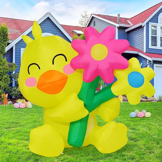 COMIN 5.2 FT Tall Easter Inflatables Chick take Flower Outdoor Decorations Blow Up Yard with Built-in LEDs for Indoor Party Garden Lawn Decor