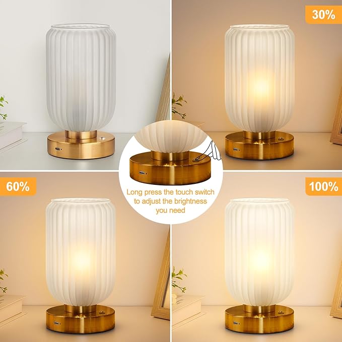LigthRound Touch Table Lamp for Bedroom, Cordless Bedside Small Table Lamp, Dimmable Rechargeable Battery Operated Lamp for Nightstand, Bedside, Living Room, Desk, LED Bulb Included