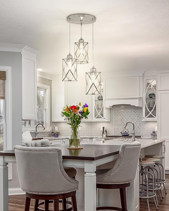 Brushed Nickel Dining Room Chandelier Light Fixture, 3-Light Pendant Lighting with Clear Glass, Modern Kitchen Island Cluster Hanging Pendant Lights for Sink, CH9176BN3
