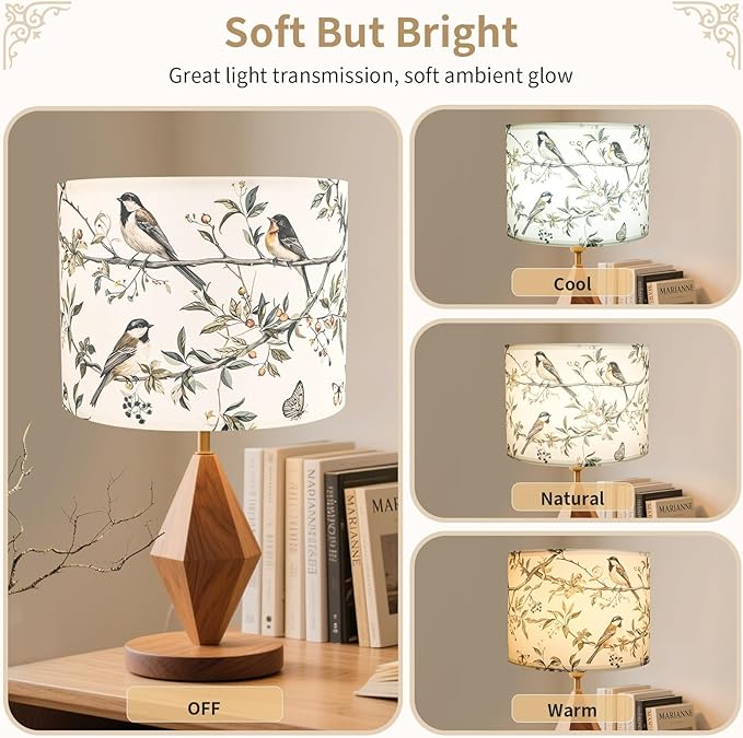Fabric Linen Lamp Shade, Bird and Branch Pattern Lampshade, Unique Lamp Shades for Floor Lamps fit with Spider/Uno, 13x13x10inch Drum Lampshades for Table Lamp/Pendant (1Pack/Easy Assemble)