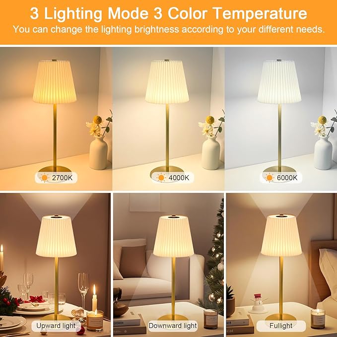 Mini Table Lamp Cordless, 5200mAh LED Mini Lamps Gold Fabric Pleated Shade small Battery Operated Lamp with 3 Colors Stepless Dimming Touch Lamps for /Bedroom/Bars/Outdoor Party/Camping,1 Pack