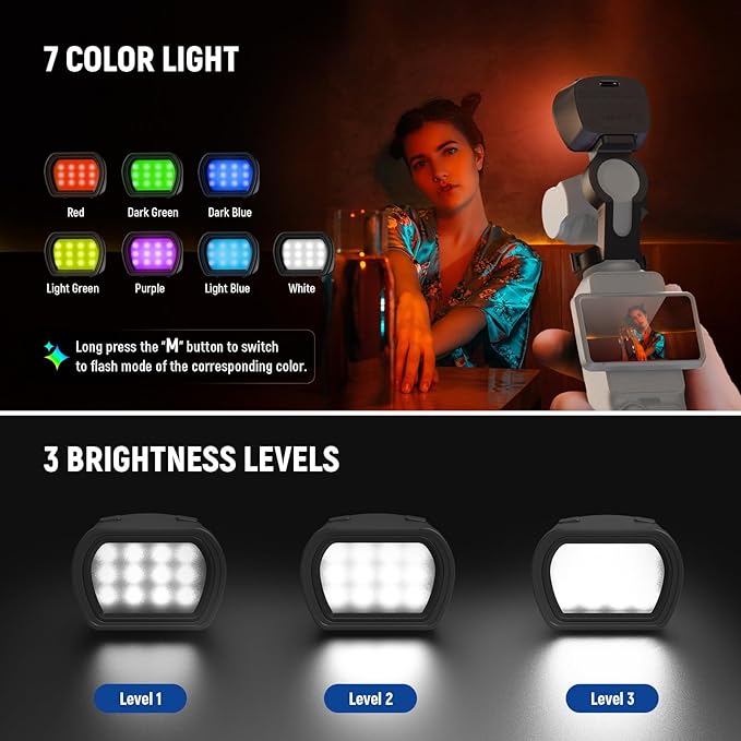 NEEWER Basics Magnetic RGB Light + Magnetic Mount Base Compatible with DJI OSMO Pocket 3 Camera & Creator Combo Accessories, 1W USB C Rechargeable Plastic LED Auxiliary Selfie Video Fill Lighting