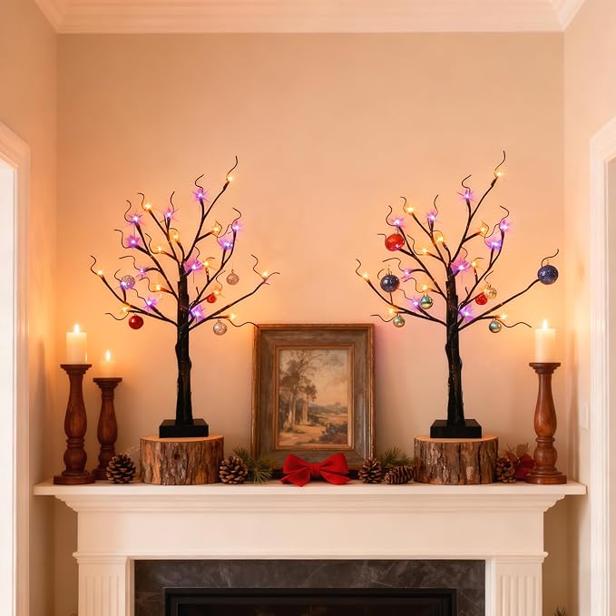 2-Pack Lighted Halloween Christmas Fall Tree Decorations Indoor, 2ft Black Birch Tree with LED Lights, Small Tabletop Christmas tree with lights, Warm White Battery- Powered Fairy Light Spirit