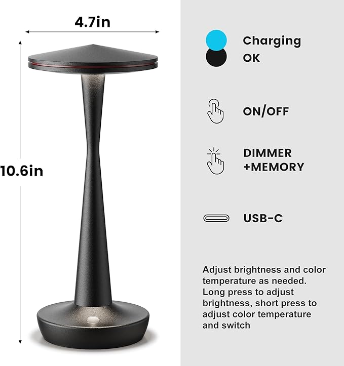 SAKRINGT Rechargeable Cordless Table Lamp, 72Hrs Battery Operated LED Table Light, Portable Touch Dimmable Lamp for Restaurant Patio Dining Outdoor Camping