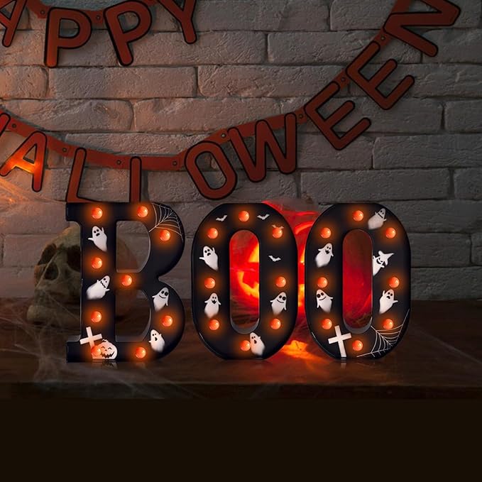Halloween Lights Indoor Decorations - Battery Operated Boo LED Letters for Wall, Home, Party Room Halloween Decor