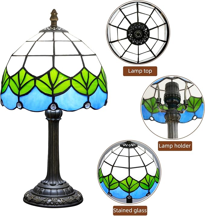 Small Tiffany Lamp Stained Glass Table Lamp Elegant Lovely Retro Style Green Lotus Leaf Bedside Nightlight Nightstand Bedroom Home Decoration Antique Living Room Office Interesting Lamp