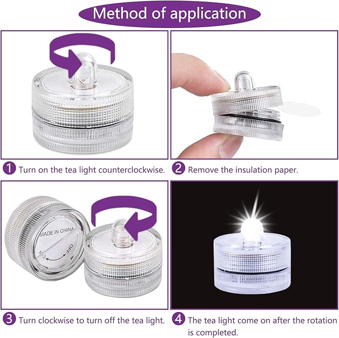 Submersible LED Light, Tea Lights, Pond Underwater Small LED Lights, Battery Operated 125 Hours, for Wedding Home Vase Festival Party Decoration White 24Pcs (Built-in 48 Batteries)