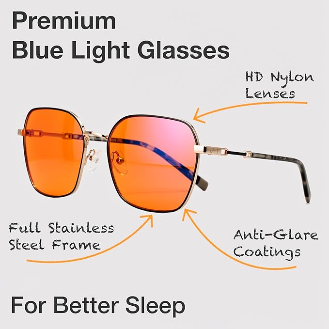 Orange Blue Light Blocking Glasses for Better Sleep - Premium Stainless Amber Orange Computer Migraine Glasses for Women & Men - Amber fl 41 Gaming Blue Light Blockers for Eye Strain & Fatigue