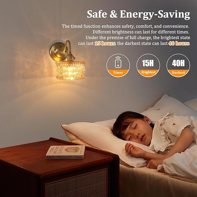 Battery Operated Wall Sconce Set of 2, Vintage Rechargeable Wall Lights with Amber Ripple Glass Shade, Wireless Indoor Wall Lamp with Remote for Bedroom Living Room Bathroom