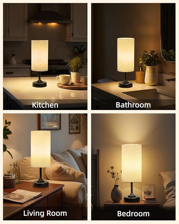 Battery Operated Lamp, Dimmable, Ambient Light, 2700K, Timer, Touch Control, Portable, LED, Wireless, Rechargeable, Cordless, Desk Lamp, Kitchen Lamp, Fabric Shade, for Bedroom, Living Room, Dorm