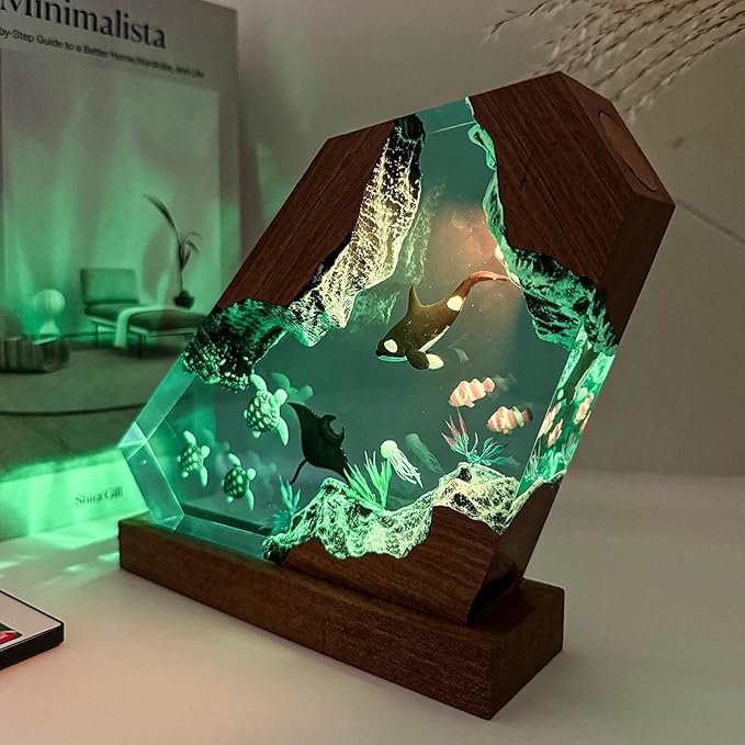 Orca Ocean Resin Lamp, Handmade Wooden Table Resin Night Light, USB Port Art Ornaments for Home Office Decor, Scuba Diver Gifts for Birthday Holiday, Unique Thanksgiving Day and Christmas Gifts