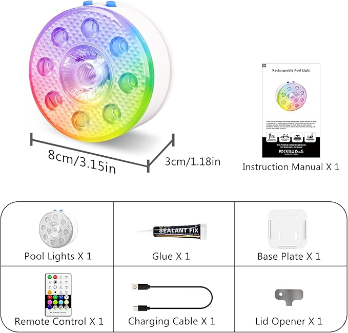 Underwater Pool Lights for Above Ground Pools and Inground Swimming Pools with Remote Timer Off, Magnet RGB Submersible LED Lights Rechargeable Spotlight 16 Colors 9-Mode for Hot Tubs, Fountain -1Pack