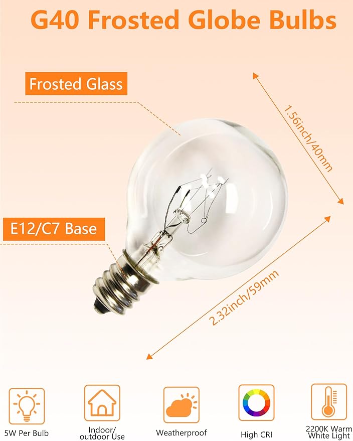 G40 Replacement Light Bulbs, 5W Globe Bulbs fits E12/C7 Candelabra Screw Base, 1.5 Inch Clear Small Light Bulbs for Indoor Outdoor String Light Decor, Pack of 25
