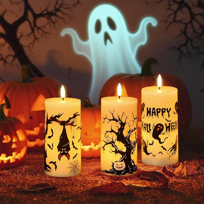 Halloween Decorations Ghost Bat Flameless Halloween Candles with 6H Timer, Battery Operated LED Candles for Halloween Decor Indoor