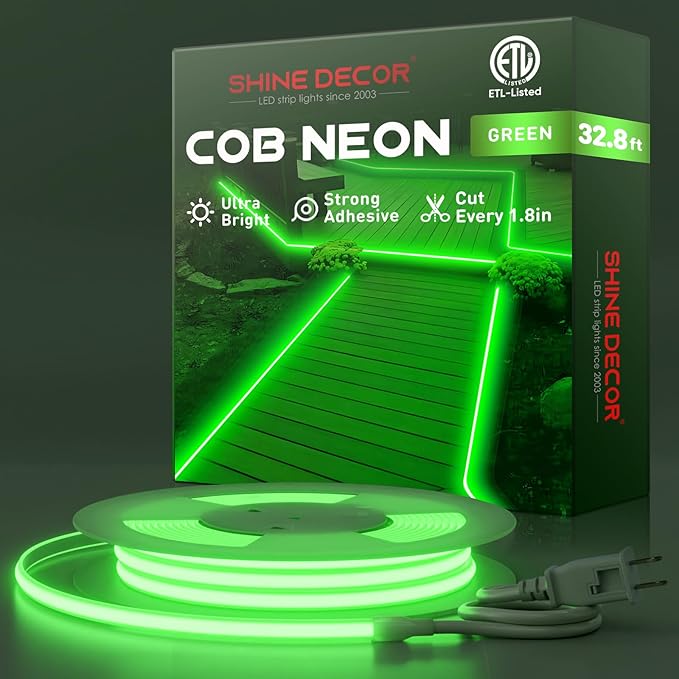 Shine Decor COB LED Rope Light AC 120V, 800lm Ultra Bright, IP65 Waterproof Cold-Resistant ETL Neon Strip, No Driver Tape Lighting for Home Commercial 10x4.5mm, Green, 32.8ft