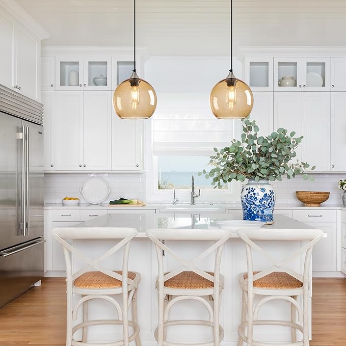 Light Brown Glass Pendant Lights Kitchen Island Lighting Globe Pendant Light Fixtures Modern Pendant Lighting for Bedroom Living Dining Room Light Fixture (7.87 in, 3 Pack)