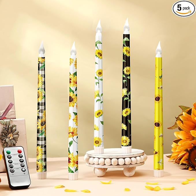 5 Pcs Sunflower Flameless Taper Candle Set Sunflower Gift for Women Floral LED Flameless Candles with Battery Operated Remote Seasonal Celebration Candles for Home Decor Holiday Spring Summer