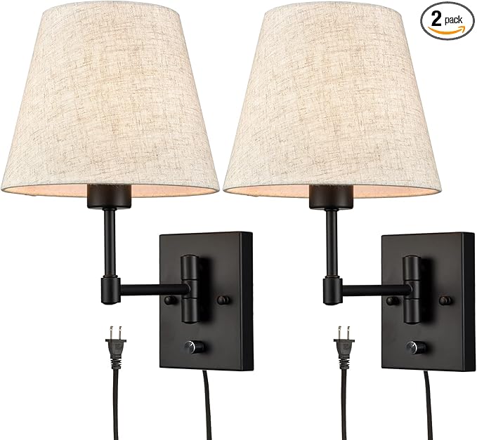 SAMTEEN Swing Arm Wall Sconces Set of Two Modern Black Sconce Light Plug in Wall Sconce with Shade, Black Swing Arm Wall Lamp with Plug in Cord for Bedroom Foyer Living Room