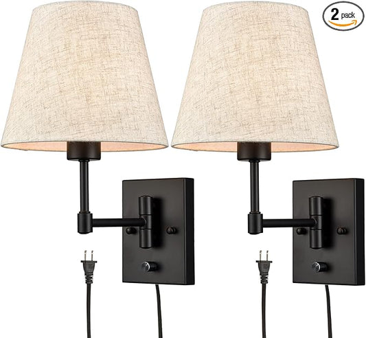 SAMTEEN Swing Arm Wall Sconces Set of Two Modern Black Sconce Light Plug in Wall Sconce with Shade, Black Swing Arm Wall Lamp with Plug in Cord for Bedroom Foyer Living Room