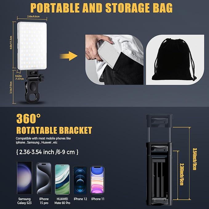 MACTREM 168 LED Selfie Light for iPhone,Portable Phone Light, 3000Mah Rechargeable Video Light, Adjusted 3 Modes, for iPhone, Camera, Laptop, iPad, Video Conference, TikTok(White)