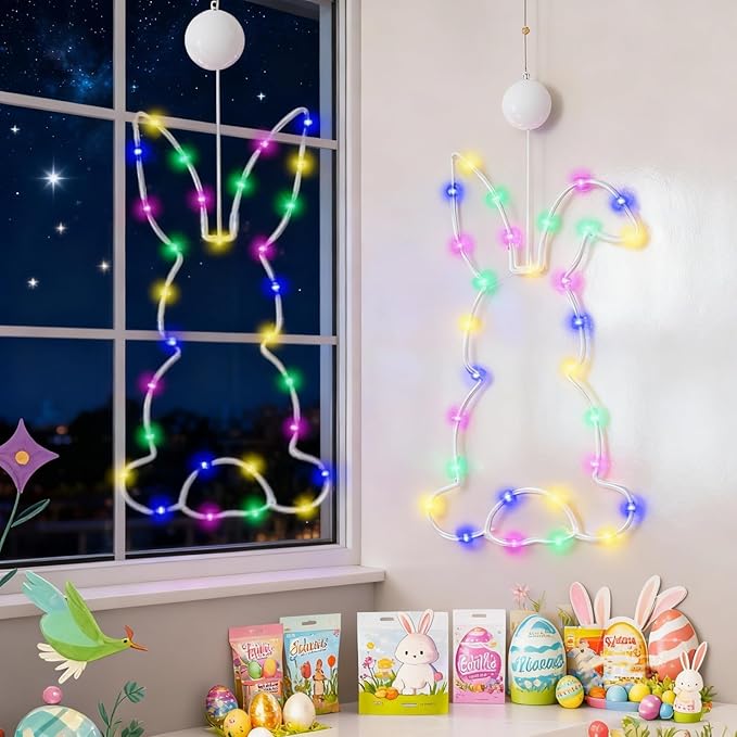 Happy Easter LED Bunny Window Light with Suction Cup, Windows Decorations Hanging LED Lights with Timing Function,Suitable for Indoor and Outdoor Easter Decoration, Family Gathering