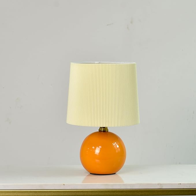 jonong Small Pleated Table Lamp, Ceramic Desk lamp,Modern Bedside Nightstand Lamp with Beige Lampshade, Cute Lamp for Bedroom Living Room Home Office Decor,Kids, Women, for Gift Present (Orange, M)
