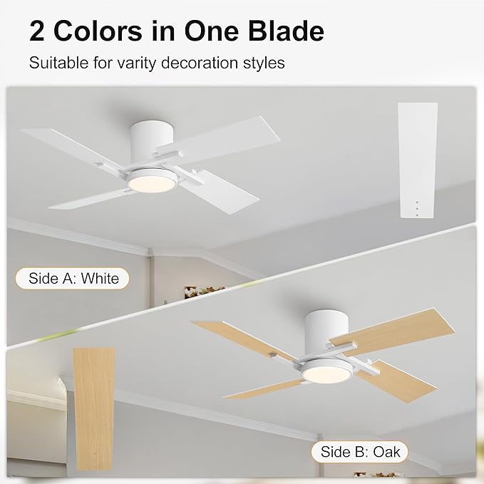 WINGBO 48" Flush Mount Ceiling Fan with Light - 4 Plywood Blades, 6-Speed Reversible DC Motor, Dimmable, 3CCT, Noiseless Low Profile Ceiling Fans and Light for Bedroom Living Room, White and Oak/White