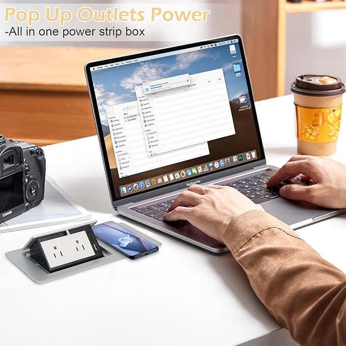 Table Pop Up Outlet Automatic Pop Up Strip Center Countertop Recessed Power Strip with 15W Wireless Charger + USB A + USB C + 2AC 5.9Ft Cord for Conference Desk Office Kitchen (Silver-Wireless)