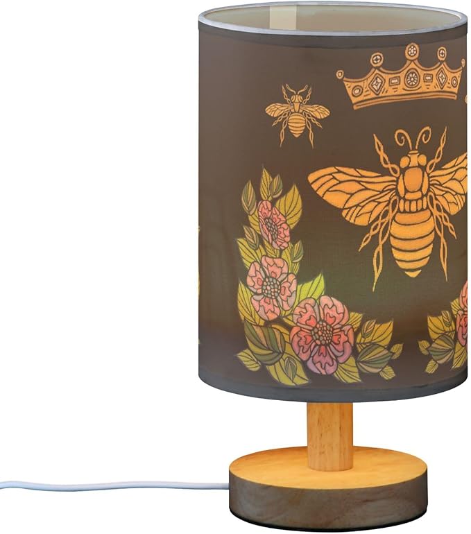 Table Lamp Honey Queen Bee Bumblebee Crown Flower Floral Wreath Nightstand Lamp with Wood Base Fabric Lamp Shade Bedside Desk Lamp for Living Room Bedroom Kids Room Office